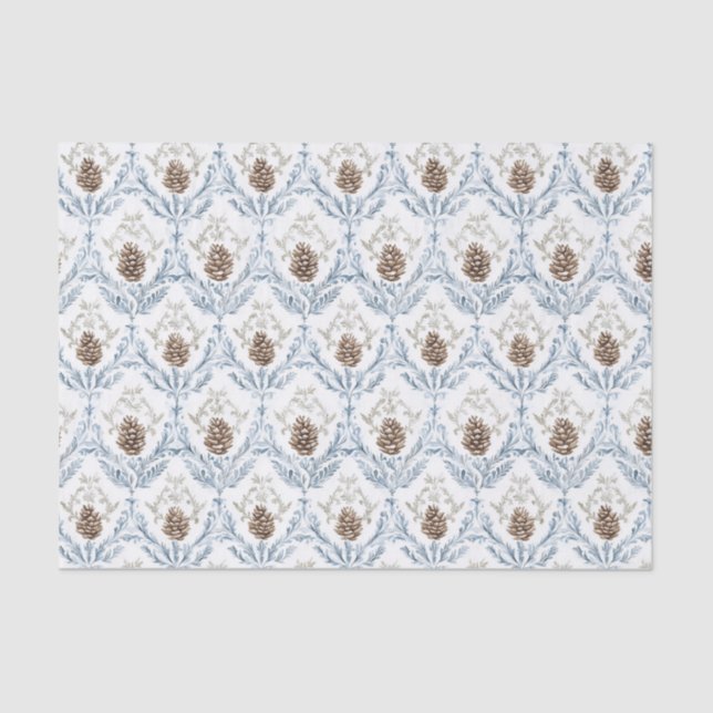 Light Blue Damask Pattern with Pine Cones Seidenpapier (Vorderseite)