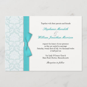 Light Blue Damask Turquoise Bow Wedding Einladung