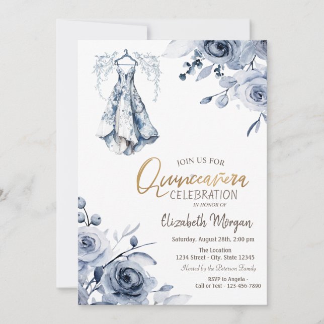 Light Blue Dress Blue Rose Quinceañera Einladung (Vorderseite)