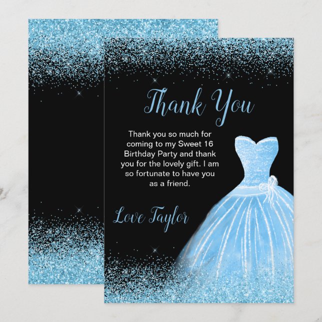 Light Blue Dress Imitate Glitzer Sweet 16 Birthday Dankeskarte (Vorne/Hinten)