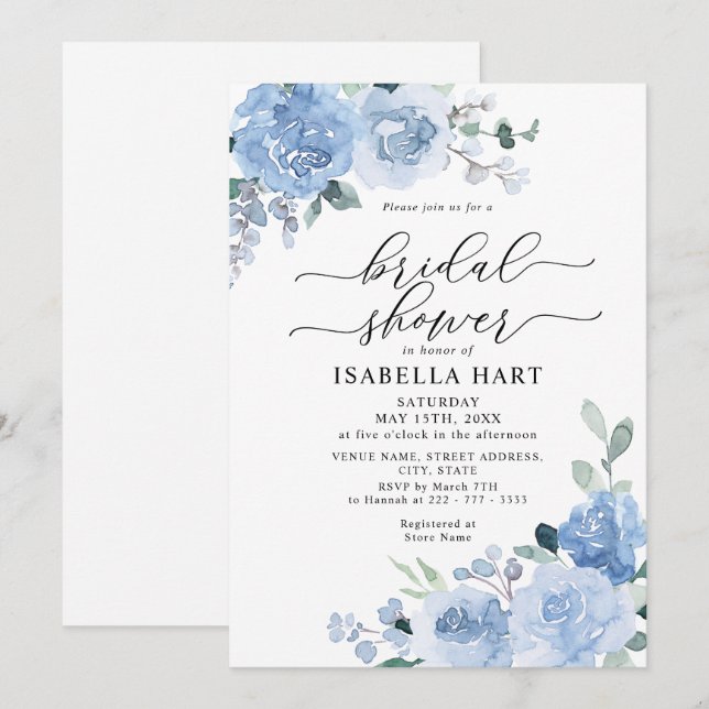 Light Blue Dusty Botanical Floral Brautparty Einladung (Vorne/Hinten)