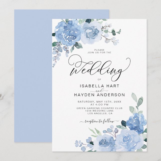 Light Blue Dusty Floral Botanical Elegante Hochzei Einladung (Vorne/Hinten)