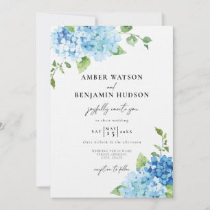 Light Blue Dusty Navy Hydrangea Floral Wedding Einladung
