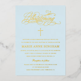 Light Blue Elegance Calligraphy Christening Gold Folieneinladung