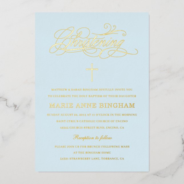 Light Blue Elegance Calligraphy Christening Gold Folieneinladung (Vorderseite)