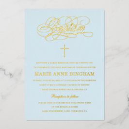 Light Blue Elegant Calligraphy Baptisc Gold Folieneinladung