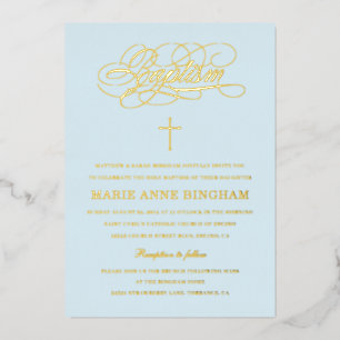Light Blue Elegant Calligraphy Baptisc Gold Folieneinladung