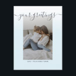Light blue Elegant Script Family Foto Greetings Postkarte<br><div class="desc">Personalisiertes Minimalistisches, hellblaues Foto Universelle Grüße Postkarten mit einem stilvollen Foto mit weißem Ober-Farbverlauf Chic-Overlay auf lila rosa Hintergrund, Ihre Grüße in elegantem handgeschriebenem Skript-Schriftart, Ihr Name, Datum, Jahr, Nachricht auf der Rückseite in einem modernen und einfachen serifenlosen Schriftart. Erstellen Sie Ihre eigenen Grußkarten mit dieser eleganten Vorlage, perfekt für...</div>