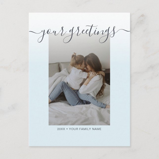 Light blue Elegant Script Family Foto Greetings Postkarte (Vorderseite)