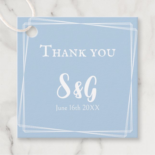 Light Blue Elegant Script Vielen Dank Hochzeit Geschenkanhänger (Vorderseite)