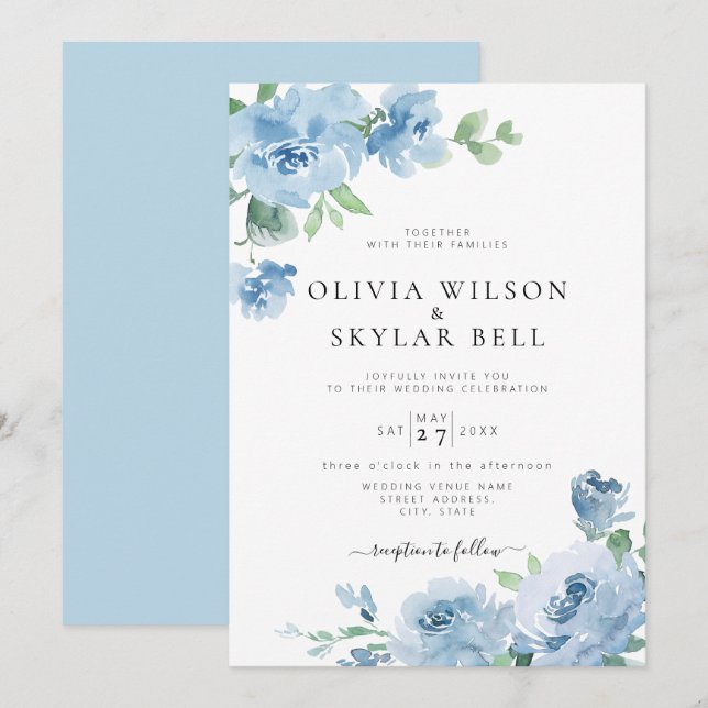 Light Blue Floral Baby Blue Botanical Wedding Invi Einladung (Vorne/Hinten)