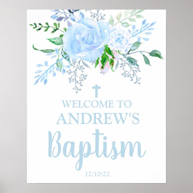 Light Blue Floral Baptism Junge Begrüßung 16x20 Po Poster (Vorne)