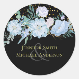 Light Blue Floral Black Moderne Hochzeitsbudget Runder Aufkleber