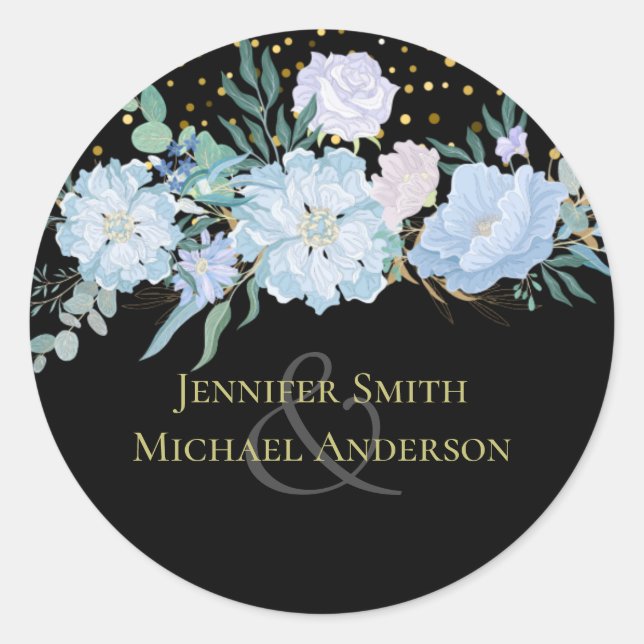 Light Blue Floral Black Moderne Hochzeitsbudget Runder Aufkleber (Vorderseite)