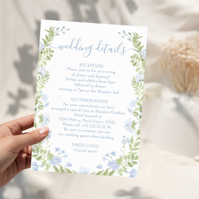 Light blue floral Boho Chic Wedding Details Cards Begleitkarte (Von Creator hochgeladen)