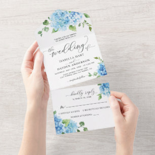 Light Blue Floral Botanical Hydrangea Boho Wedding All In One Einladung