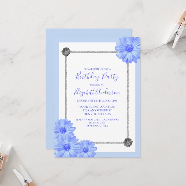 Light Blue Floral Elegante Einladung (Vorderseite/Rückseite Beispiel)