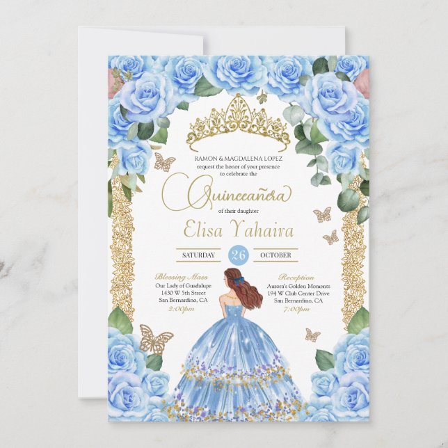 Light Blue Floral Gold Butterfly Quinceañera Einladung (Vorderseite)