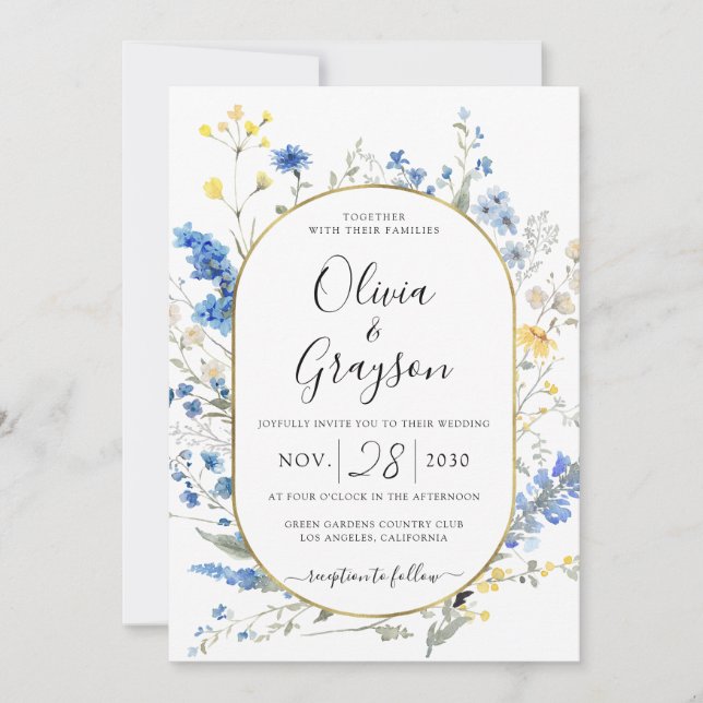 Light Blue Floral Gold QR UAWG alle in 1 Hochzeit Einladung (Vorderseite)