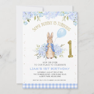 Light Blue Floral Peter Rabbit 1. Geburtstag Einladung