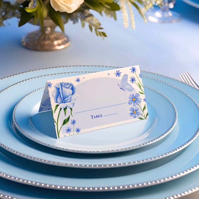 Light Blue Floral Rose & Butterfly Quinceñera Platzkarte (Light Blue Floral Roses & Butterfly Quinceañera Place Card)