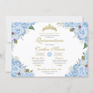 Light Blue Floral Rosen Aschenputtel Quinceanera Einladung