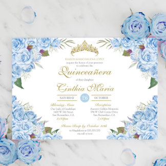 Light Blue Floral Rosen Aschenputtel Quinceanera Einladung