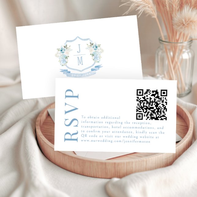 Light Blue Floral Wappen Wedding RSVP QR-Codekarte Begleitkarte (Von Creator hochgeladen)