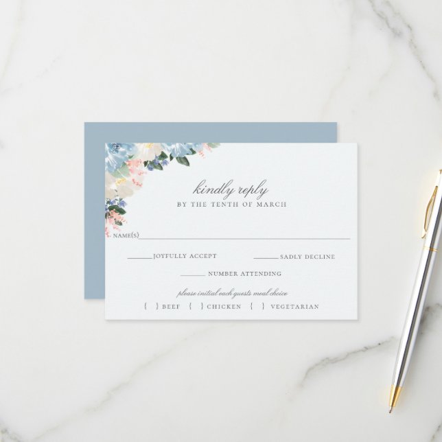 Light Blue Floral Wedding RSVP Meal Choice Card (Vorderseite/Rückseite Beispiel)