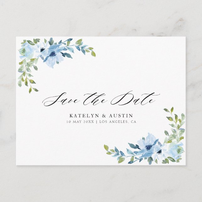 light blue floral wedding save the date postcard postkarte (Vorderseite)