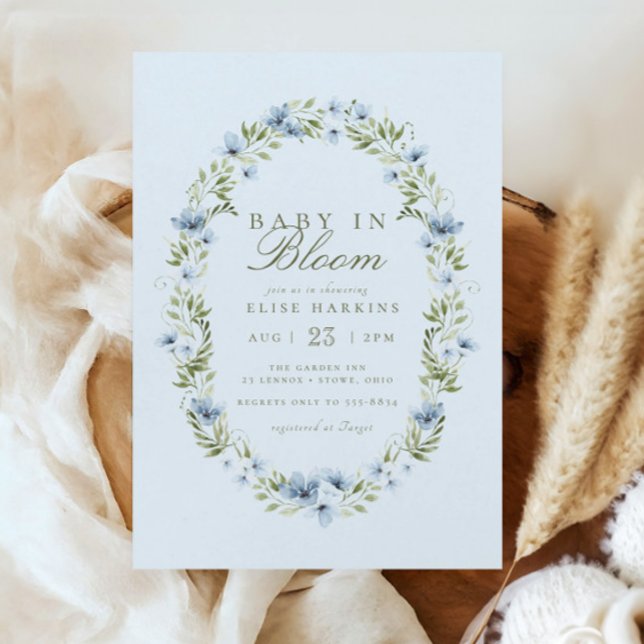 Light Blue Floral Wreath Baby in Bloom Baby Dusche Einladung (Von Creator hochgeladen)