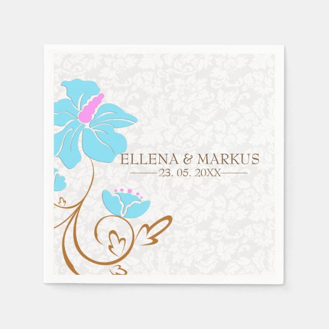 Light Blue Flower And White Damasks Paper Napkins Serviette (Vorderseite)