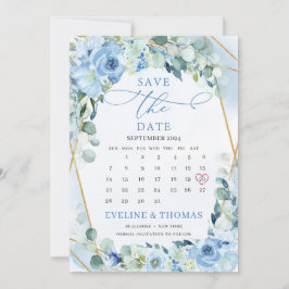 Light Blue Flowers Gold Geometric Month Boho Save The Date