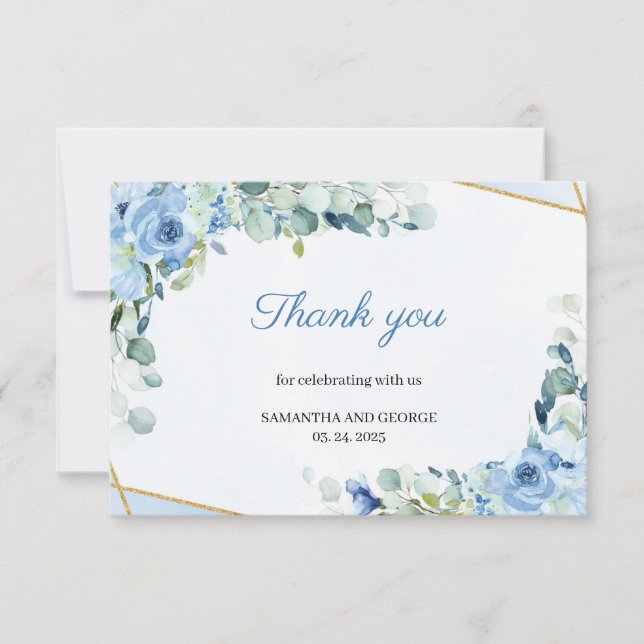 Light Blue Flowers Imitate Gold Geometric Wedding Dankeskarte (Vorderseite)
