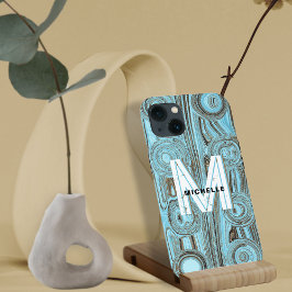 Light Blue Funky Retro Gold Glitzer Monogram Niedl Case-Mate iPhone Hülle