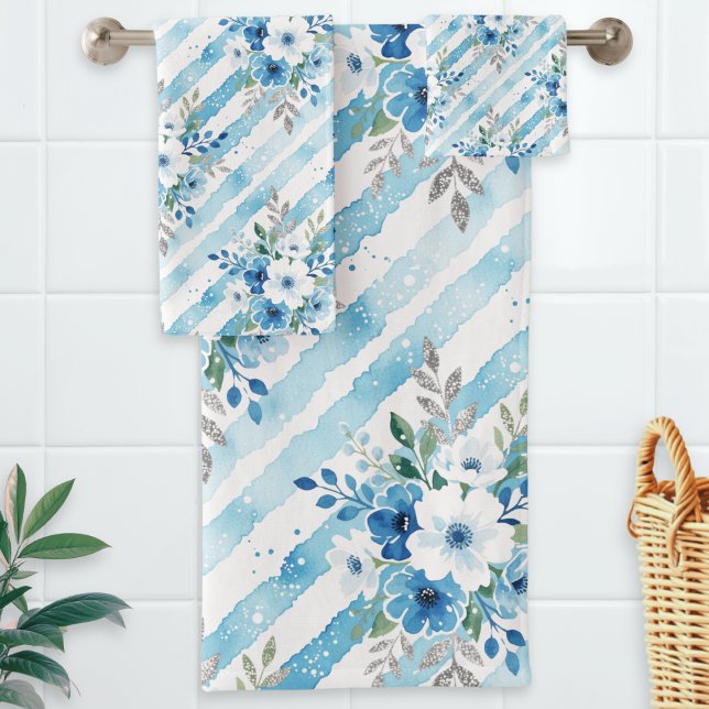 Light Blue Geometric Coastal Spa Bathroom Decor (A bath towel set with floral and striped pattern in blue, white and green, in a watercolor style)