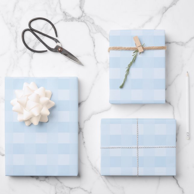 Light Blue Gingham Kariert Pattern Geschenkpapier Set (Vorderseite)