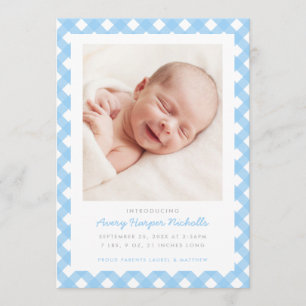 Light Blue Gingham Single Foto Birth Ankündigung