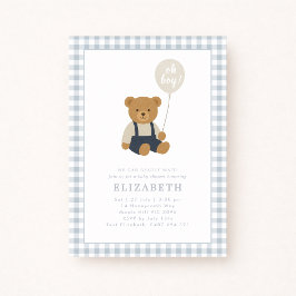 Light Blue Gingham Teddy Bear Baby Dusche Einladung