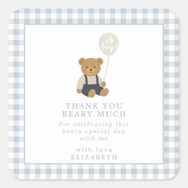 Light Blue Gingham Teddy Bear Baby Dusche Quadratischer Aufkleber (Vorderseite)