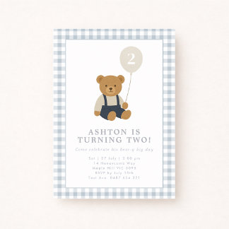 Light Blue Gingham Teddy Bear Birthday Einladung