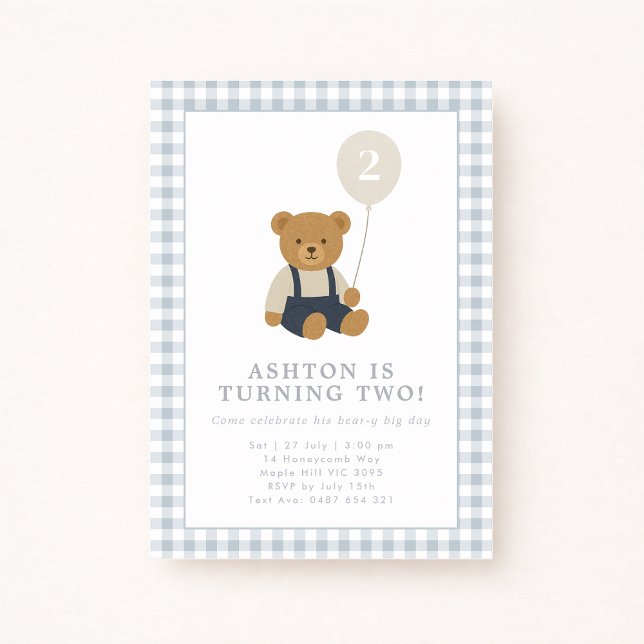 Light Blue Gingham Teddy Bear Birthday Einladung (Von Creator hochgeladen)