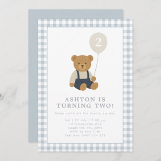Light Blue Gingham Teddy Bear Birthday Einladung