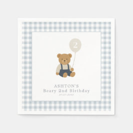 Light Blue Gingham Teddy Bear Birthday Party Serviette