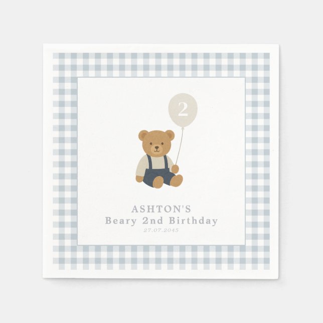 Light Blue Gingham Teddy Bear Birthday Party Serviette (Vorderseite)