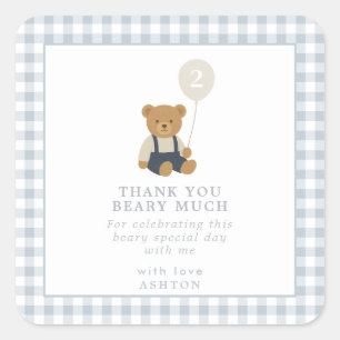 Light Blue Gingham Teddy Bear Birthday Quadratischer Aufkleber