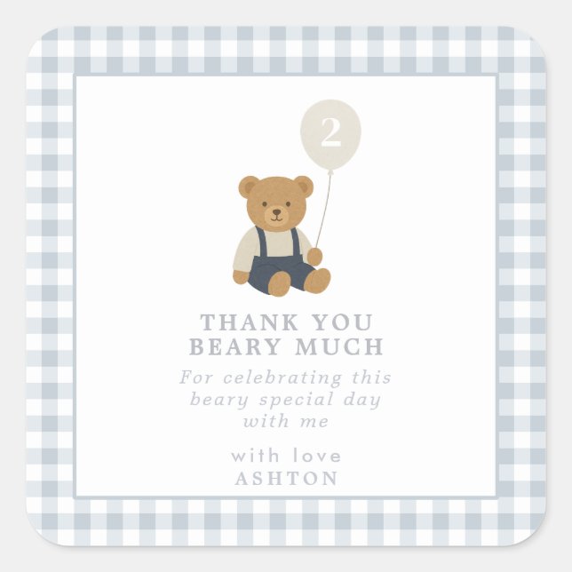 Light Blue Gingham Teddy Bear Birthday Quadratischer Aufkleber (Vorderseite)