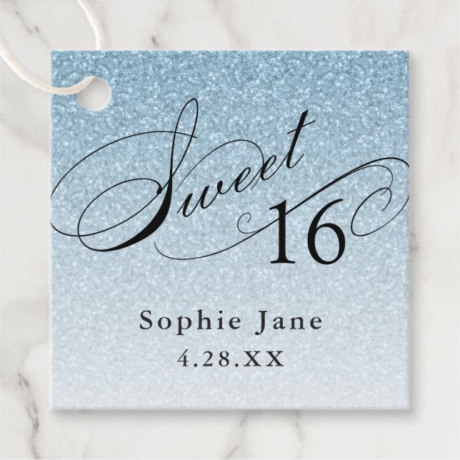 Light Blue Glam Glitzer Sweet 16 Personalisiert Geschenkanhänger (Vorderseite)