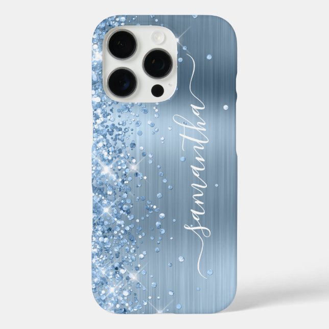 Light Blue Glittery Glam Girly Signature iPhone 16 Pro Hülle (Rückseite)