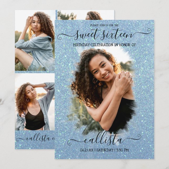 Light Blue Glitzer Halo Foto Collage Sweet 16 Einladung (Vorne/Hinten)